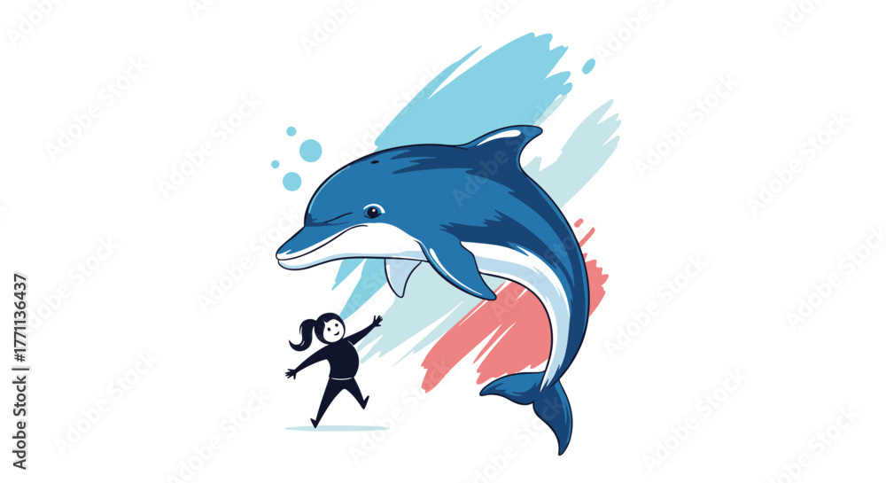 Fototapeta premium A cheerful cartoon shows a small person joyfully interacting with a large blue dolphin leaping from colorful brushstrokes and bubbles.