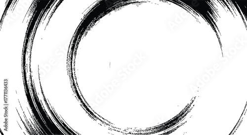 Distressed brush stroke spiral frame element Abstract black and white vector texture overlay background in grunge and calligraphy style