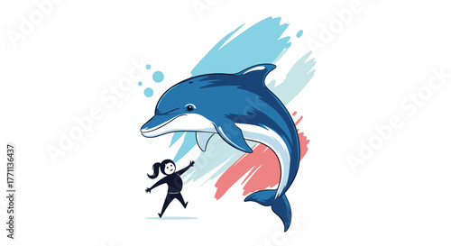 A cheerful cartoon shows a small person joyfully interacting with a large blue dolphin leaping from colorful brushstrokes and bubbles.