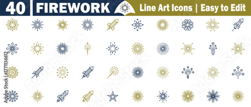 Fireworks Line Art Icons Set Illustration. Emphasizing Celebration and Sparkle, Depicting Festive Display Elements in a Modern Style vector shape. 