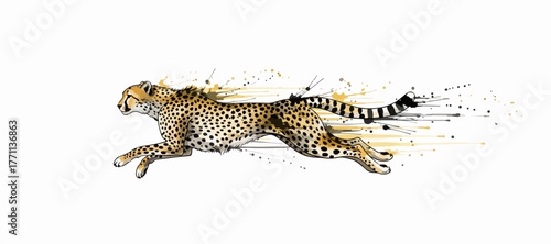 Dynamic modern watercolor illustration of a rapidly running cheetah, captured in powerful motion with artistic speed splashes and abstract elements