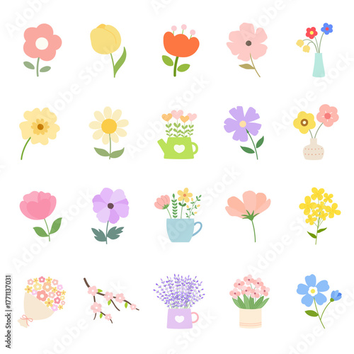 Flat flower icon set, cute spring floral illustration clipart, pastel bouquet and blossom vector collection