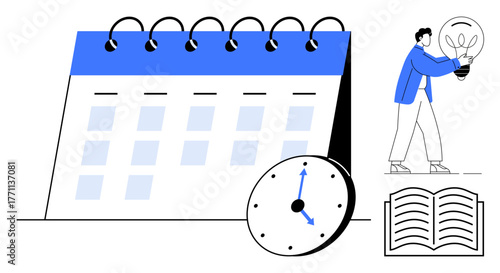Desk calendar with clock, person holding a bright light bulb, and an open book. Ideal for planning, scheduling, creativity, organization, productivity brainstorming and education. Perfect