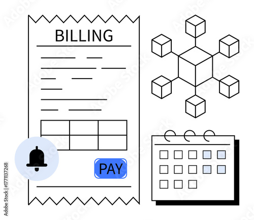 Billing receipt with payment option, notification bell, blockchain structure, and calendar grid. Ideal for finance, payment, invoice management, blockchain, reminders scheduling digital economy