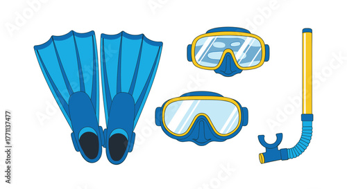 A colorful collection of essential snorkeling and diving gear, featuring blue fins, two styles of yellow and blue masks, and a snorkel.