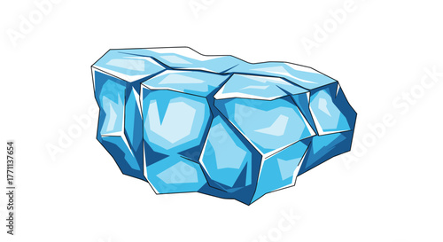 A stylized illustration of a chunky, faceted block of blue ice with sharp edges, appearing cold and translucent on a white background.
