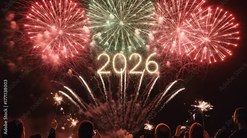 Dynamic Fireworks Dynamic fireworks explode brilliantly illuminating the year 2026 with a ...