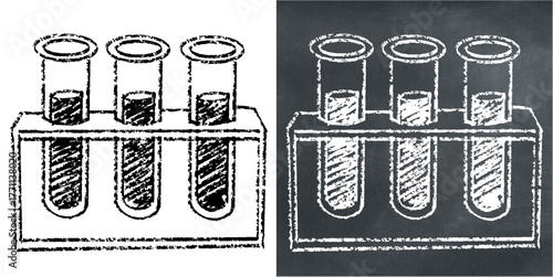 Chalk hand-drawn test tube vector. Ideal for science, chemistry, and experiment themes. This graphic symbolizes laboratory analysis and scientific research with a unique, sketchy aesthetic.