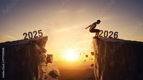 Dynamic man leaps across chasm from 2025 to 2026 symbolizing ambition and forward momentum at sunset
