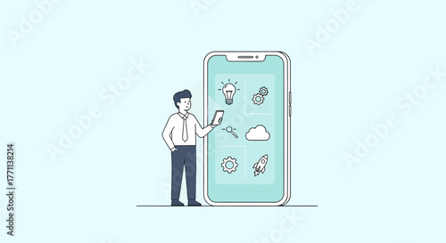 Businessman demonstrates mobile app development and strategy with key feature icons on a large phone