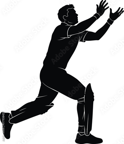 Silhouette of a cricket player in action catching a ball