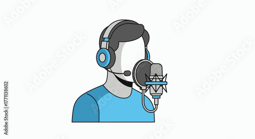 Illustration of a person wearing headphones and speaking into a microphone, representing audio recording or voiceover work