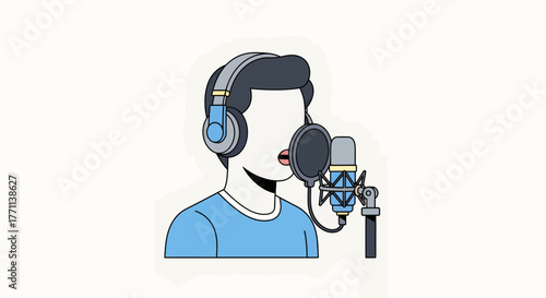 Vector icon of a podcaster, singer, or streamer at a microphone, engaged in an audio broadcasting or recording session