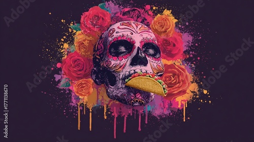 Day of the dead skull with taco and flowers illustration for cinco de mayo design