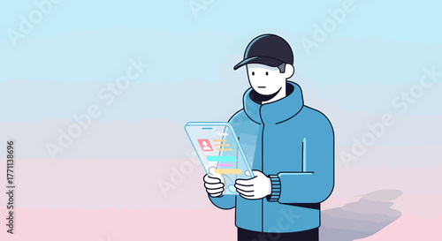 Person in Winter Attire Examining Holographic Interface Futuristic Technology Concept
