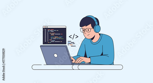Programming and coding concept illustration of a software developer working on a laptop with headphones and code snippets