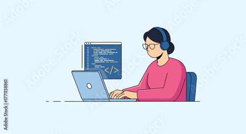 Focused female software engineer programming on her laptop, wearing headphones for concentration and remote productivity in a modern flat illustration style