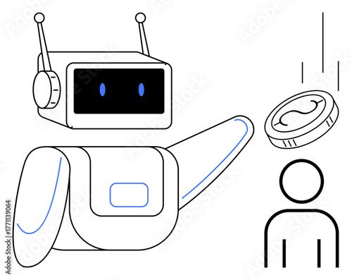Robot tossing coin at person emphasizes AI technology, automation, and decision-making. Ideal for fintech, innovation, automation, robotics, digital economy AI ethics futuristic concepts. Simple