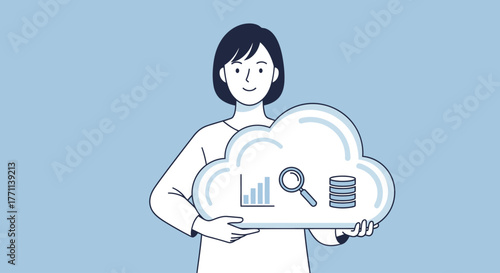 Woman Holding Cloud with Data Icons Illustrating Cloud Computing and Data Analysis Concepts
