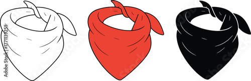 Bandana illustration set, white red black bandanas, fashion accessory clipart, triangle scarf vector, headwear design, isolated graphic elements