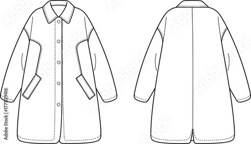 "Fashion coat technical sketch, front and back view garment illustration, oversized outerwear design, button down coat drawing, apparel flat template, sewing pattern reference"