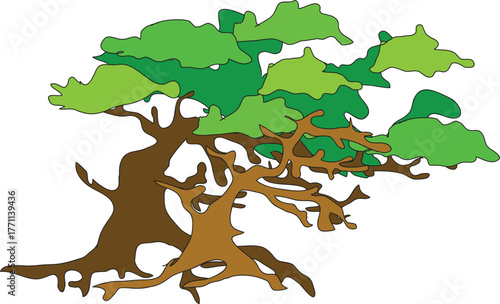 Leaning tree with many branches and twigs hand drawn vector illustration