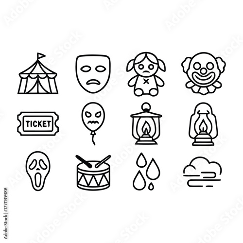 Creepy Circus and Horror Icon Set – Tent, Clown, Doll, Mask, Ticket, Lanterns, Ghost, Drum, Balloon, Wind, Drops, Line Art