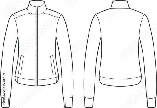 Technical fashion illustration jacket front back view, vector garment sketch outerwear design, high collar zipper coat, apparel template drawing, clothing specification flat sketch