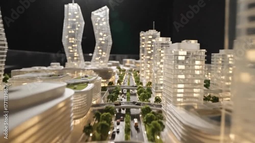Miniature city model featuring skyscrapers layered buildings trees and roadways with cars
