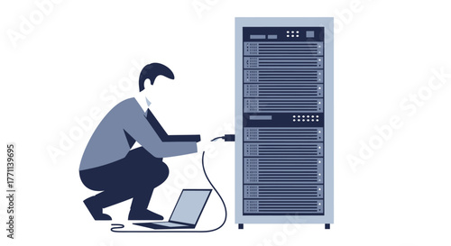 Man connecting a laptop to a server rack for data management and system maintenance