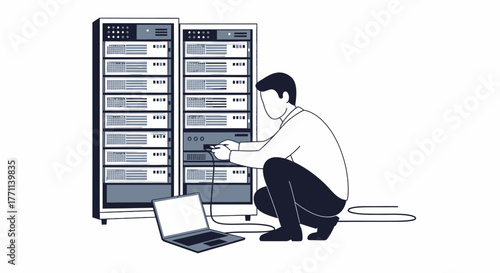 Skilled IT specialist performing essential setup and maintenance on robust server racks, ensuring critical data infrastructure operates seamlessly for reliable digital services and network integrity