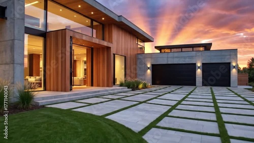 Modern home with concrete wood facade illuminated interior geometric driveway against a vibrant sunstreaked sunset