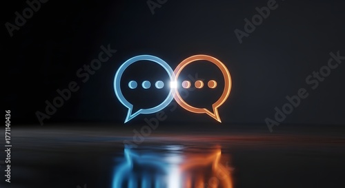 Two intertwined, neon glowing chat or speech bubbles with ellipsis dots, reflecting on a dark floor, symbolizing digital communication and conversation