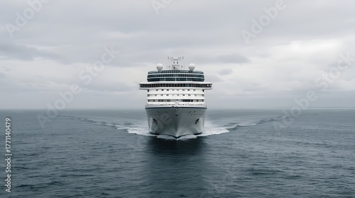 Front view of large cruise ship sailing through calm ocean under cloudy sky, symbolizing travel, vacation, adventure, and luxury maritime journey across open sea in modern transportation concept
