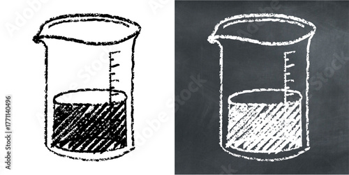Chalk hand-drawn measuring glass vector. Ideal for science, pharmacy, and kitchen themes. This graphic symbolizes volume measurement and liquid precision with a unique, sketchy aesthetic.