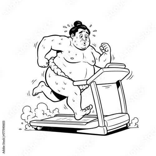 Funny sumo wrestler running on treadmill, simple cheerful coloring page for toddlers Generative ai 