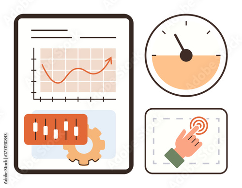 Analytical graph with upward trend, control panel, speedometer gauge, and hand tapping button. Ideal for data monitoring, performance tracking, UX design, business strategy, digital tools