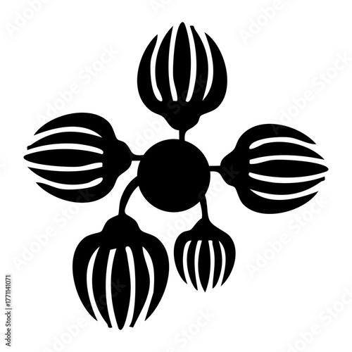 A striking black silhouette of a central sphere with five stylized, petal-like appendages radiating outwards, creating a unique abstract form.