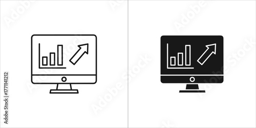 Black line monitor with graph chart icon business concept