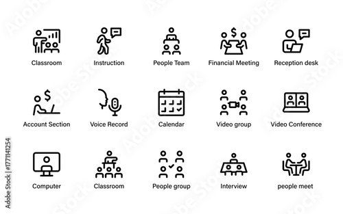 Business and communication icons. Perfect for presentations, websites, and corporate materials featuring video calls, meetings, and team collaboration.