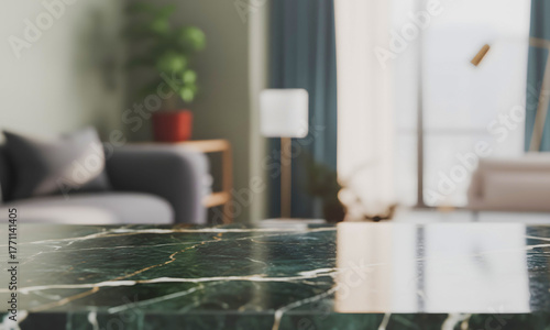 Dark Green Marble Table Surface with Modern Living Room Background