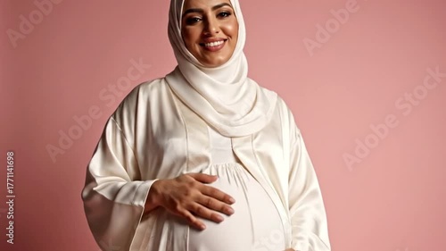 Pregnant woman in white hijab and clothing smiling while holding her belly against a solid pink background