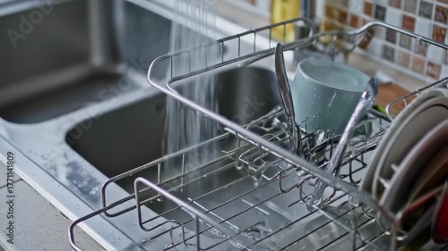 Close-up shot of a sink with running water, dishes, and a dish rack in a modern kitchen