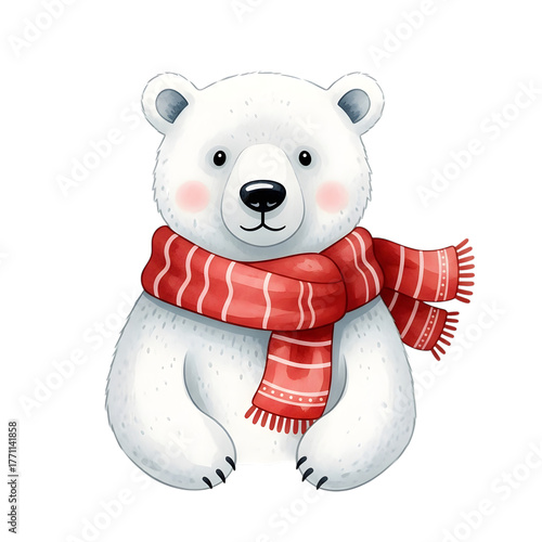 Cute polar bear wearing a red striped scarf