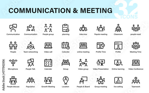 Professional Communication and Meeting Icons. Video Conference, Team Collaboration, discussion, presentation, profile, and Online Learning Symbols