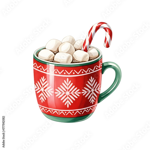Festive red mug filled with hot chocolate, marshmallows, and a candy cane isolated on transparent background