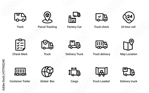 Modern logistics and shipping icons, featuring trucks, tracking, maps, and global delivery.