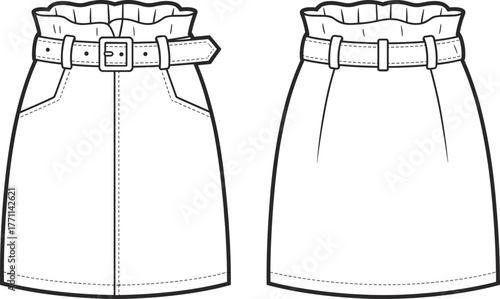 High waisted paper bag skirt, technical fashion sketch, front and back view, belt detail, garment design, sewing pattern illustration