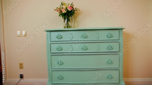 Vintage dresser in light green color, perfect for your bedroom with flowers