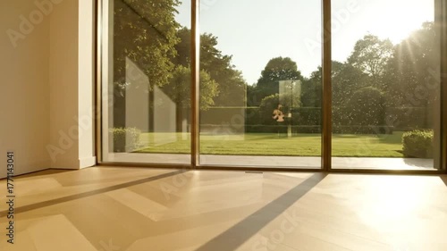 Room with large glass window showing a manicured green lawn and trees with a sunny outdoor view